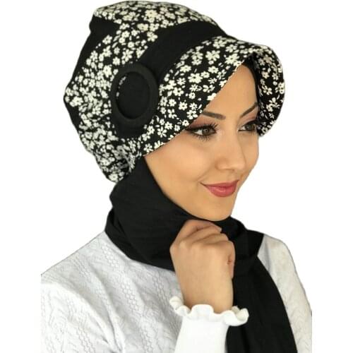 Islamic Fashion Muslim Hijab Hijab Trend Hijab Scarf Bone Ready Shawl Scarf Buckle Hat White Flower Pattern Black Ankle-Strap Hat