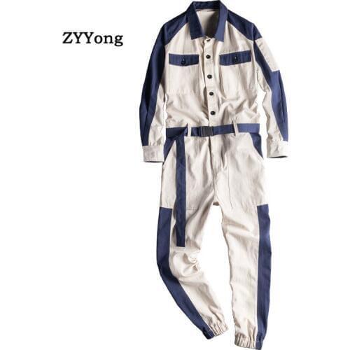 Men Jumpsuit Hip Hop Streetwear White Overalls Loose Long Sleeve Lapel Beam Feet Stitching Style Cargo Pants Casual Trousers