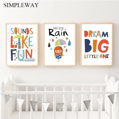 Colorful Cartoon Girl Poster and Print Dream Big Nursery Quotes Wall Art Picture Canvas Painting Nordic Kid Baby Bedroom Decor