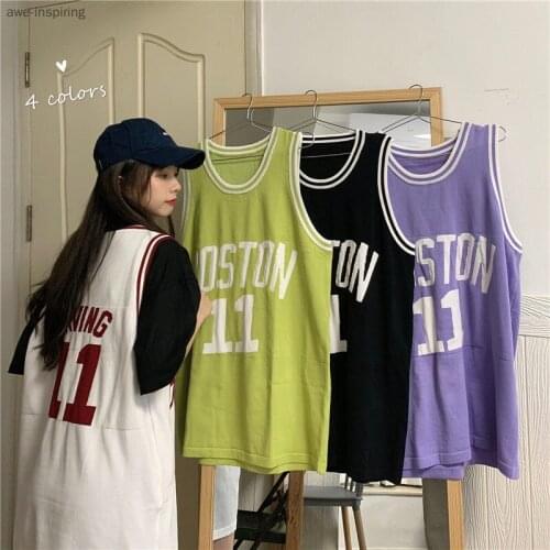 Summer Harajuku Sleeveless T-shirt Student Basketball Causal Print Letter Loose Sports Ball Suit Female Long T-shirt Women