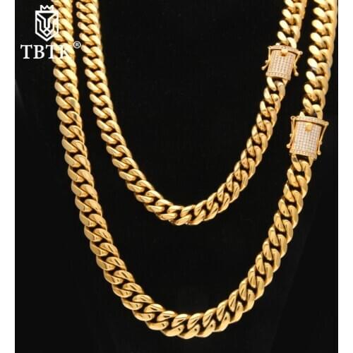 TBTK Width 12mm/14mm Smooth Metal Miami Necklace Gold Heavy Punk Man Jewelry With Box Clasp Paved Bling Crystal Necklace