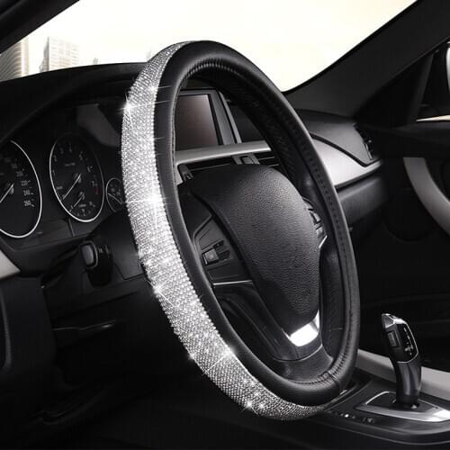 New Diamond Leather Steering Wheel Cover with Bling Bling Crystal Rhinestones, Universal Fit 15 Inch Car Wheel Protector