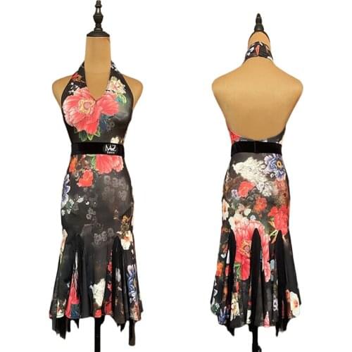 Sexy Latin Dance Dress Women Salsa Dance Outfit Backless Performance Costume Sexy Rumba Dancewear Floral Tango Dress JL3393