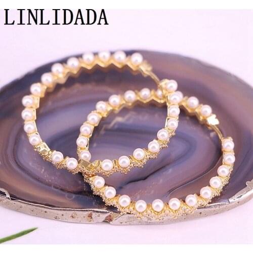 3Pairs, New Style trendy women jewelry white pearl bead with cz zircon circle hoop earring Charm