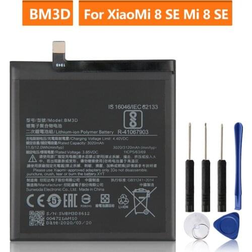 Original Replacement Battery For Xiaomi 8 SE MI8 SE M8 SE BM3D Genuine Phone Battery 3120mAh