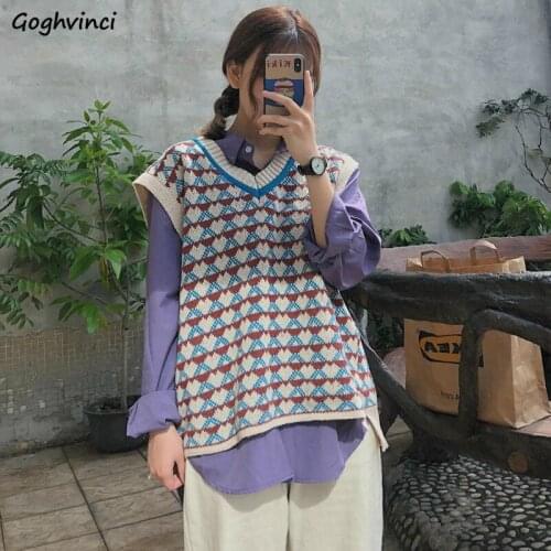 Sweater Vest Women V-neck Printed Knitting Harajuku Kawaii Streetwear Leisure Loose Preppy Style Fashion Soft Student Female New