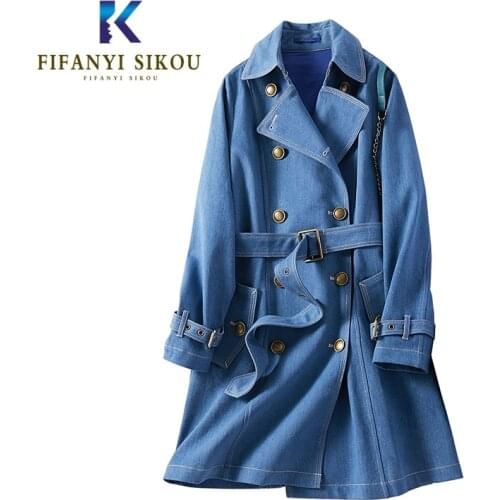High quality Light blue Denim Trench coat Women Double Breasted Belt Fashion Long Trench coat Ladies Business Outerwear 2020 New