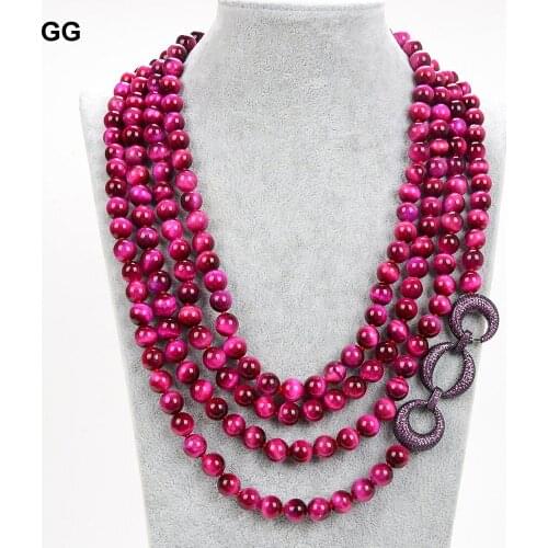 GuaiGuai Jewelry 4 Rows 10MM Round Rose Red Tiger eye Purple CZ Pave Connector Necklace For Women