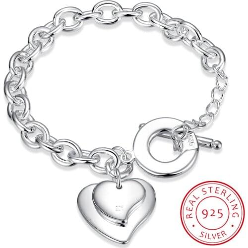 Fashion Sweet Double Heart Pendant Solid Silver Bracelet Simple For Women 8 inch 100% 925 Sterling Silver Bracelets Jewelry
