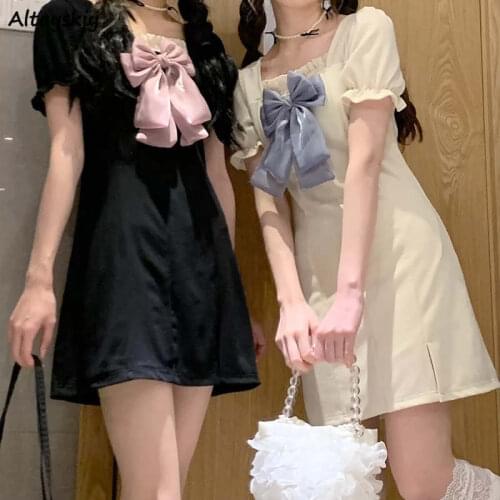 Short Sleeve Dress Women Bow Kawaii Mini Japan Style Girls Summer Design Retro Sweet Fashion Leisure Popular Vestidos Ins New