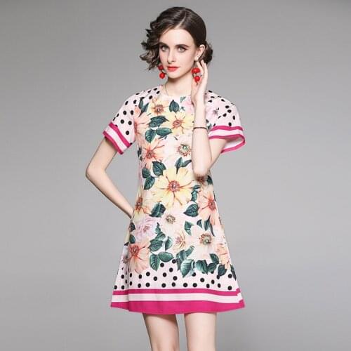 2021 New Women Summer Floral Print Short Sleeve O-Neck High Waist Party Dress Female Elegant A-Line Beach Dresses Pink Vestidos