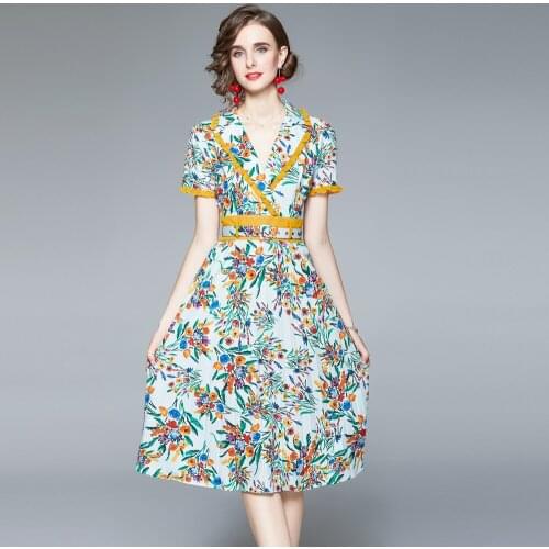 Romantic Flower Print Knee Length Beach Dress 2021 Summer Women Ruffles Short Sleeve Elegant Midi Vestidos With Belt k9048