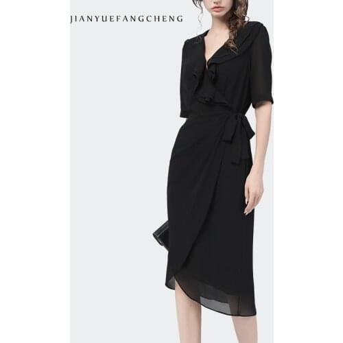 Fashion Womens Summer Chiffon Petite Black Dress Mid-Length Bud Shaped Elegant Ruffle V-Neck Female Clothing Party Dresses 4XL