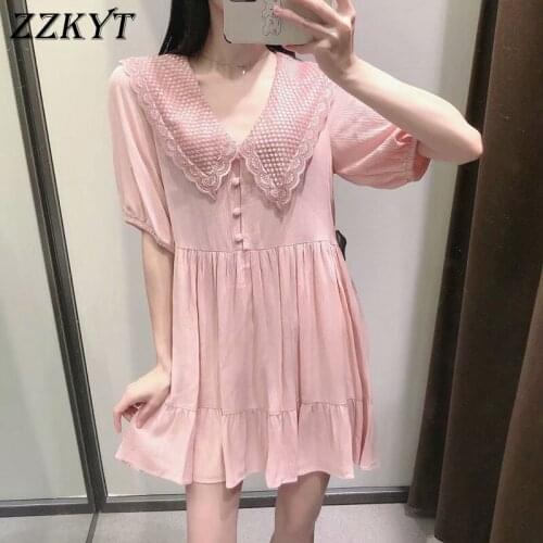 ZZKYT 2021 Woman Summer Fashion Solid Embroidery Ruffles Mini Dress Vintage Lapel Collar Short Sleeve Button Casual Sweet Dresse