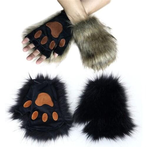 1 Pair Halloween Faux Fur Gloves Cute Plush Glove Christmas Halloween Party Cosplay Prop Decoration Fingerless Glove Winter Warm