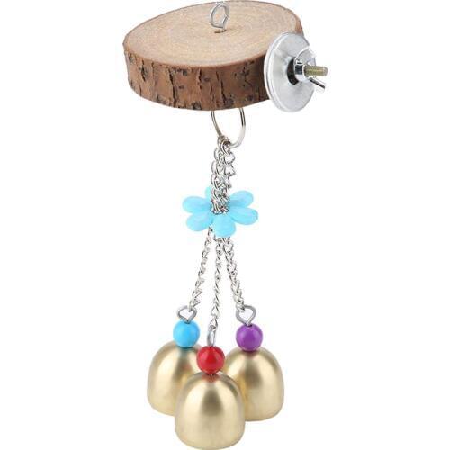 1Pc Bird Parrot Toy With 3 Ring Bells Natural Wooden Parrots Swing Bird Perch Hanging Swings Cage With Colorful Beads Bells Toys