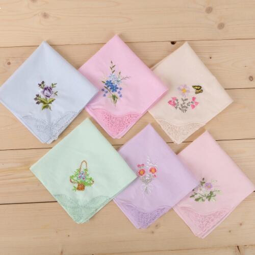 6PCS 28cm Cotton Embroidered Square Towel Embroidered Handkerchief with Lace Color Plain Lace Handkerchief, Napkin Cloth