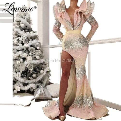 Arabic Dubai Kaftans Abendkleider Middle East Women Evening Dress Ruched Sequin Mermaid Split Side Party Gowns Prom Dresses New