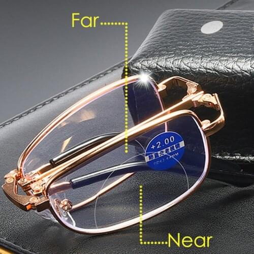 Bifocal Folding Reading Glasses Men Women Protable Anti Blue Light Foldable Presbyopic Glasses Metal Full Frame