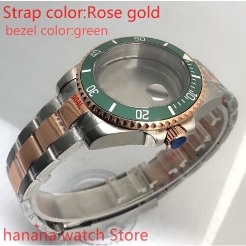 High quality 904L stainless steel rose gold strap bracelet with 40mm sapphire glass ETA mingzhuji NH36 MH35 case, bezel green