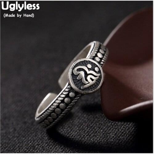 Uglyless 100% Real Solid 990 Pure Silver Buddha Six Words Open Rings Buddhist Thai Silver Fine Jewelry Handmade Dots Finger Ring