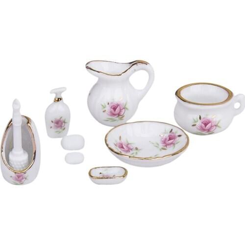 Dollhouse Furniture Floral Ceramic Shower Set for Bathroom 8PCS