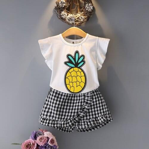 Summer Baby Girls Clothing Sets Cotton Pineapple Printed Short Sleeve T-shirt + Lattice Plaid Pants Girl Kid Toddler Clothes Set