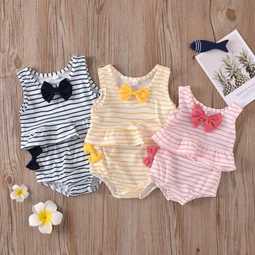 Summer Baby Kids Girls Swimwear Ruffle Striped Print Toddler Cotton Backless Bowknot Two Piece Bikini Set Swimsuit Swimming Suit