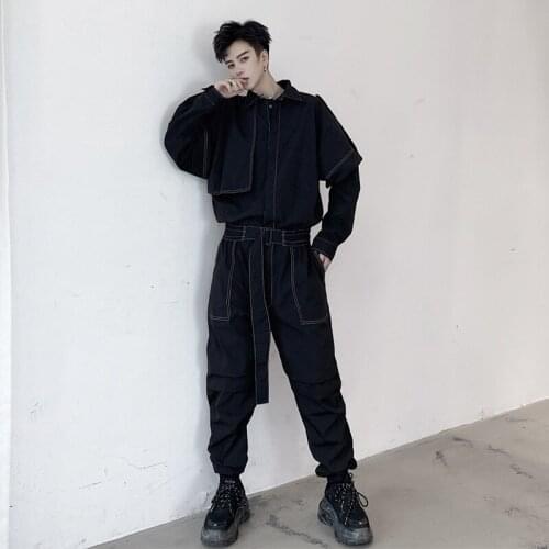 Fashion Mens Black Green Denim Overalls Casual Safari Style Long Sleeve Trousers E26