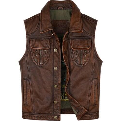 Motorcycle Biker Club Leather Vest Vintage Punk Style Mens Genuine Leather Sleeveless Jackets Cowhide Waistcoat Dark Brown M-5XL