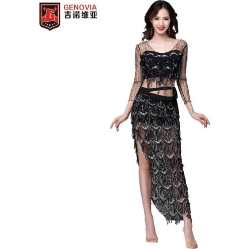 2019 New Belly dance set mesh Sparkling Sequins practice clothes Costume Set 2pcs Top & Belt Women Club Stage Costume