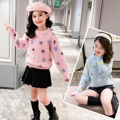 New Girl Mink Down Casual Sweater Childrens Knitted Woolen Autumn/Winter Kids Cute Warm Pink Thicken Cartoons Bear All-Match