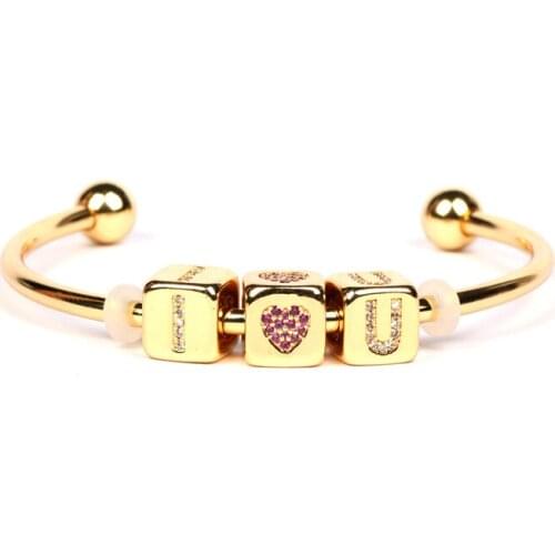 EYIKA Charm Gold Handmade Letter Word Bangles for Women Square Beads LOVE MAMA DREAM Zircon Bracelet Exquisite Gift for Family