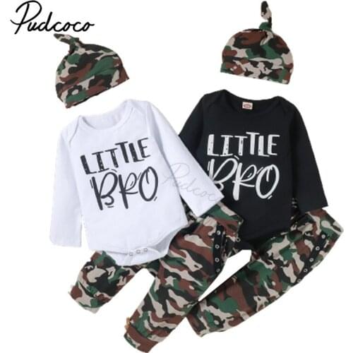 Three Piece Baby Boy’s Clothes Fashion Letter Long Sleeve Romper and Camouflage Trousers with Hat