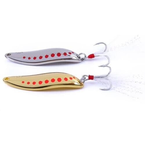 HENGJIA 1pcs 5.5cm 20g Trout Fishing Lure with Feather Hook Hard Bait Jig Silver Gold Wobbler Metal Jigging Spoon Lures Sequin