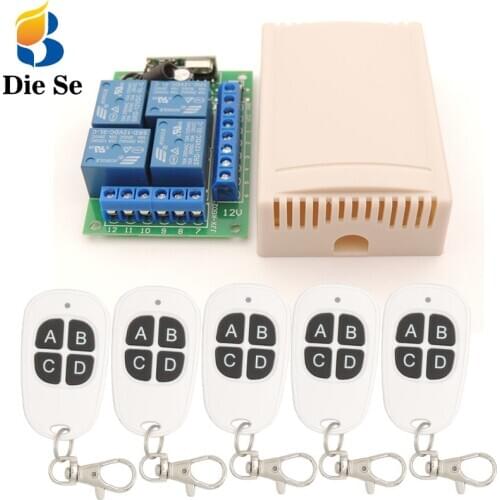 Rf Remote Control System 433MHz Universal Wireless Switch DC12V 4CH Relay Receiver Module with Key fob transmitter for car trunk