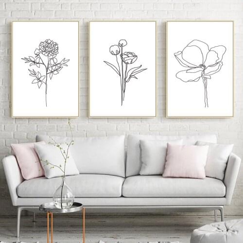 Black White Line Drawing Flower Art Print Botanical Poster Floral Plants Sketch Minimal Wall Art Canvas Painting Home Room Decor