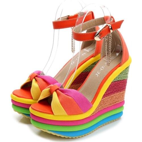 2018 New Summer Sexy Bohemia Rainbow Peep Toe Platform Sandals For Womens Ladies Blue Denim Wedges Sandal