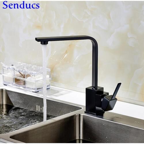Senducs Black Kitchen Faucet Deck Mounted Hot Cold Kitchen Sink Faucet 360 Degree Rotation Kitchen Tap Brass Kitchen Mixer Tap