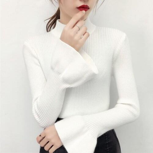 Flare Sleeve Slim All Match Knitted Tops Half Turtleneck Women Sweater Korean Basic Pullover Autumn Winter New Thick