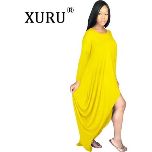 XURU European and American Autumn New Womens Dress Loose Round Neck Long Sleeve Irregular Casual Dress