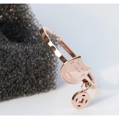 YUN RUO 2018 New Fashion Lucky Fortune Cat Rings Rose Gold Color Woman Gift Party Titanium Steel Jewelry Top Quality Never Fade