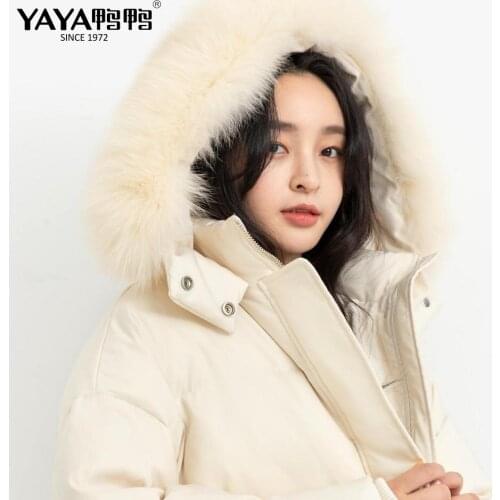 YAYA 2021 Womens Winter 90% White Duck Down Jacket Thick Real Fur Collar Short Puffy Warm Overcoat Hood Windbreak Outerwear