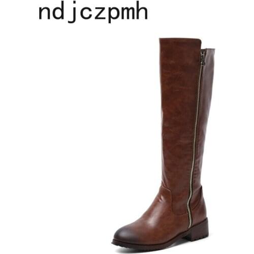 Womens Boots The New winter fashion Round head zipper Low-heeled High tube Womens shoes plus size 34-48 Heel Height 4cm black