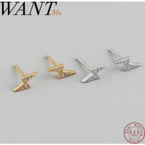 WANTME Punk Pave Crystal Zircon Mini Lightning Stud Earrings for Women Real 925 Sterling Silver Boho Fashion Jewelry Accessories