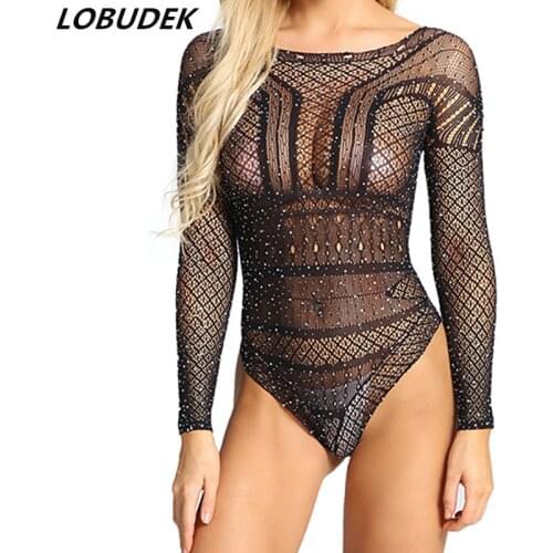 Female Pole Dancing Stage Costume Bar DJ Singer Sexy DS Dance Outfit Black Rhinestones Perspective Bodysuit Stretch Jumpsuits