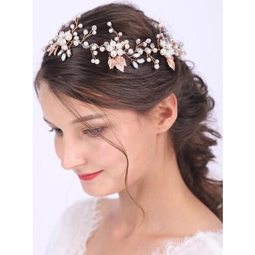 Vintage Leaves and Rose Gold Headwear Female Glamour Fascinators Crystal Pearls Hair Jewelry Wedding Bridal Hair Accessories
