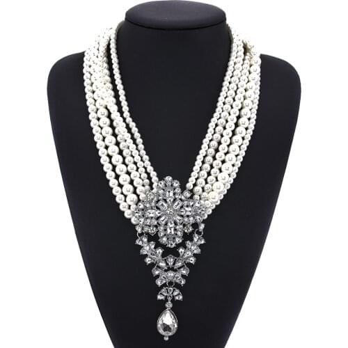 Elegant Layered Simulated Pearl Long Necklaces Rhinestone Flower Statement Women Handmade Collar Choker New Maxi Jewelry