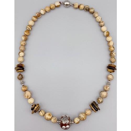 FoLisaUnique 8mm 10mm Jasper Brown Tiger Eye Necklace For Women Antique Silver Enamel Ball Earthy Color Casual Choker Jewelry