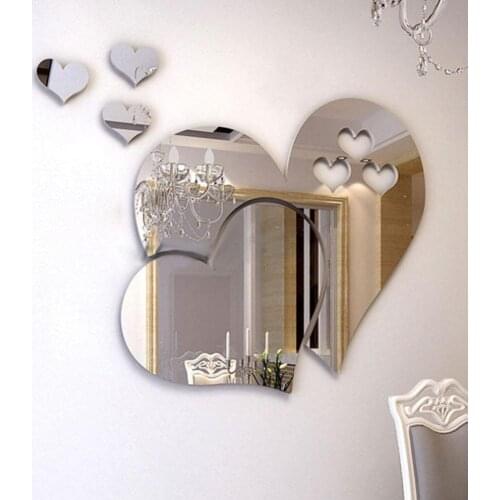 5Pcs Heart Shape Removable Mirror Effect Wall Stickers Living Room Decal Decor Removable Mirror Wall Stickers For TV Backdrop